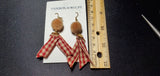 Red Checkered ribbon & Brown pompom Earrings D1-3