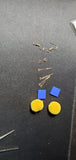 Blue square bead & Yellow pompom Earrings D2-2