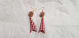 Red Checkered ribbon & Brown pompom Earrings D1-3