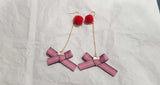 Red Pompom & Checkered Ribbon Earrings D1-5